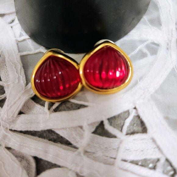 Red Costume Stud Earrings on Gold Tone Base Bright Bold Jewelry - Picture 6 of 8